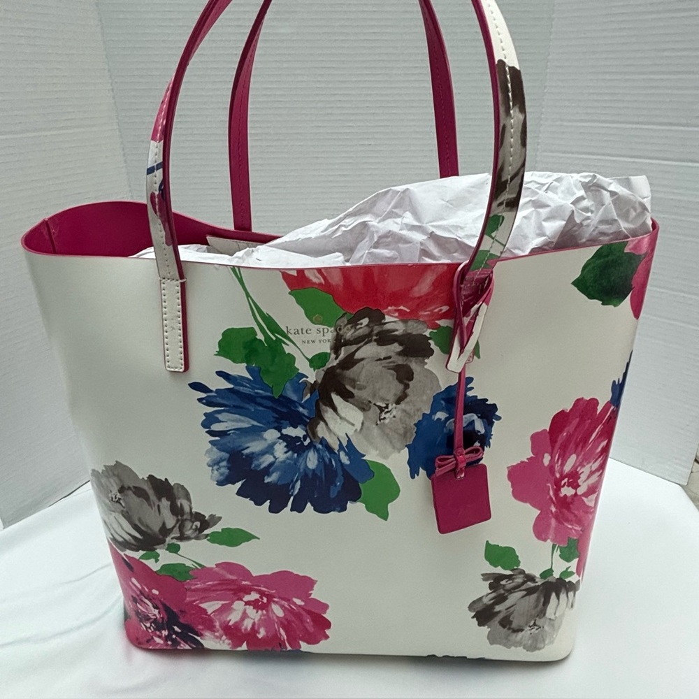 Kate Spade New York Turn Over A New Leaf Leather Floral Tote with Pink